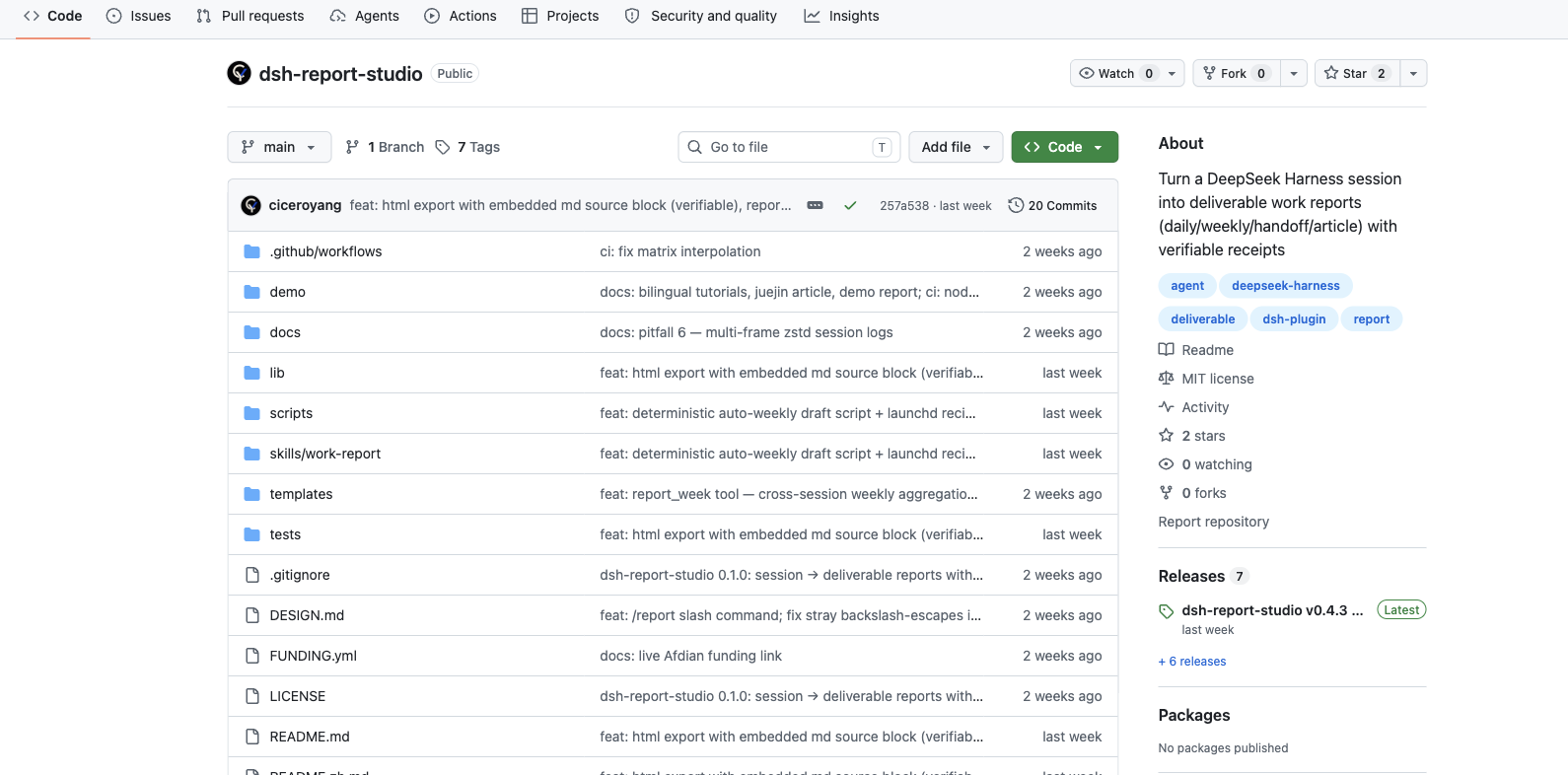 dsh-report-studio 仓库的 GitHub 页面：文件目录与 About 栏